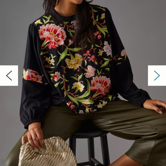 Anthropologie Tiny Floral Embroidered Black Top - Picture 5 of 11